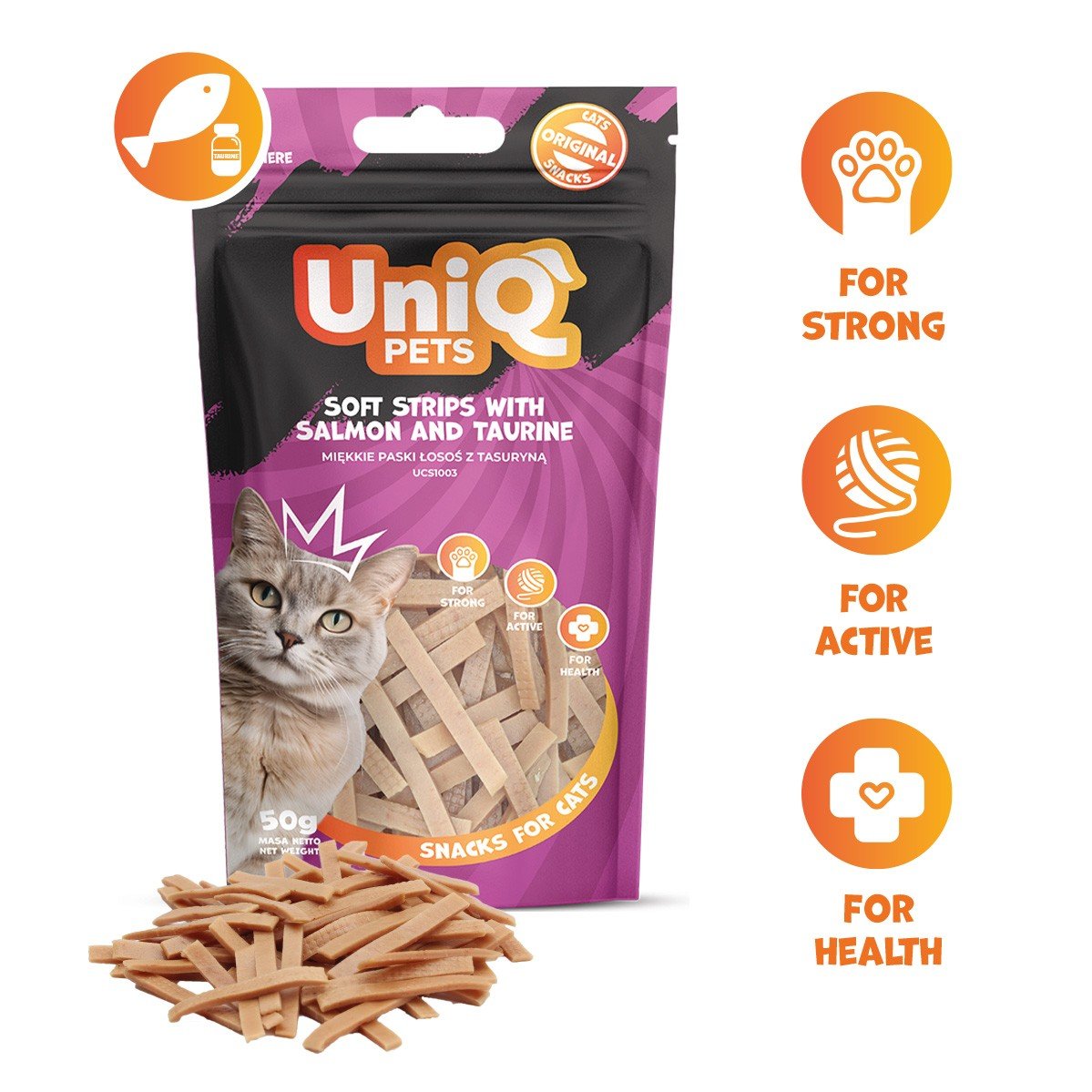 5504 1 Uniq 50gr Λιχουδιά για Γάτες Μαλακές Λωρίδες με Σολομό και Ταυρίνη - Image 2