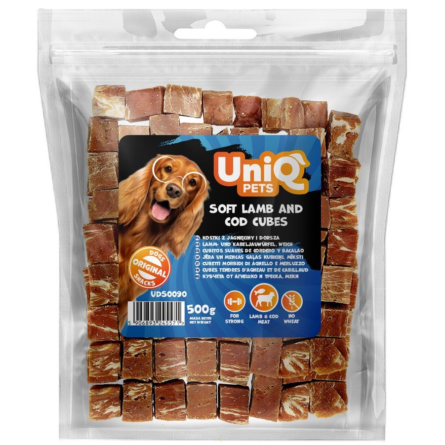 5557-3 Uniq 500gr Λιχουδιά για Σκύλους Μαλακά Κυβάκια Αρνιού και Μπακαλιάρου