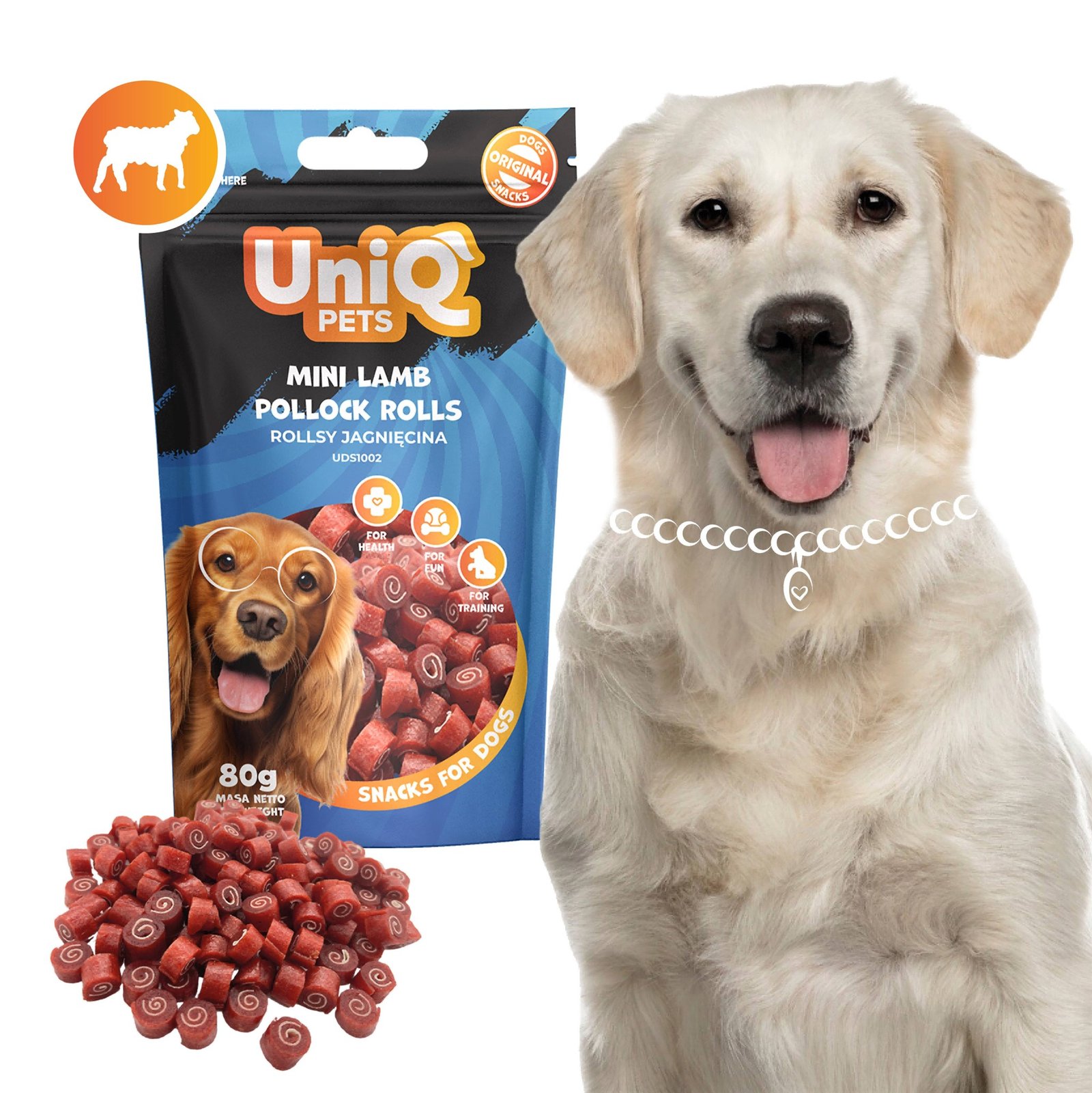 5565-7 Uniq 80gr Λιχουδιά για Σκύλους Μίνι Ρολάκια με Αρνί και Πόλοκ