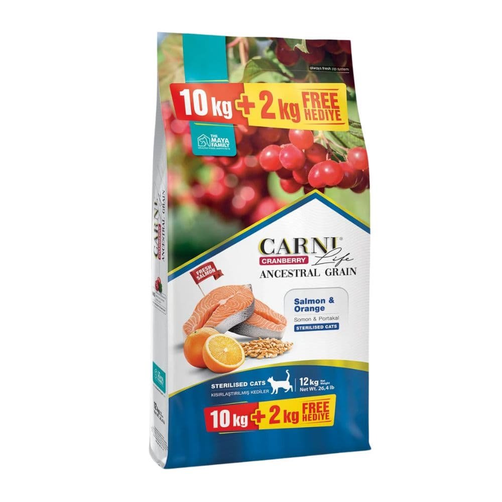 73 Maya Family Carni Life Cranberry 10kg + 2kg Δώρο ξηρά τροφή για στειρωμένες γάτες με σολωμό και πορτοκάλι