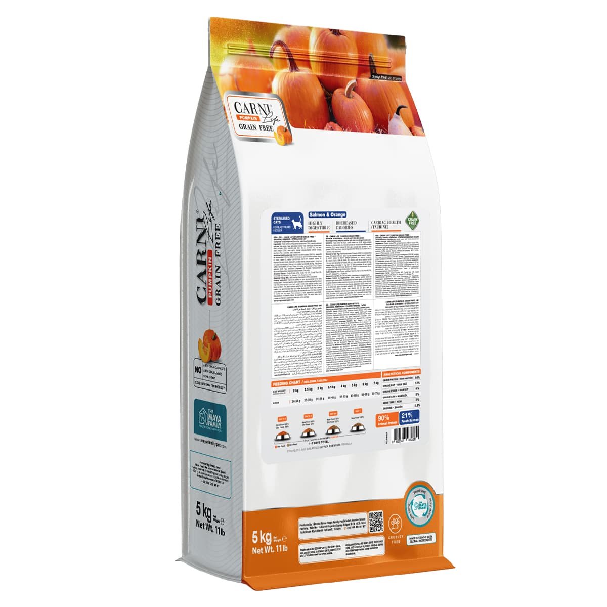 91 Maya Family Carni Life Pumpkin Grain Free 5kg Ξηρά Τροφή για Στειρωμένες Ενήλικες Γάτες με Σολομό και Πορτοκάλι