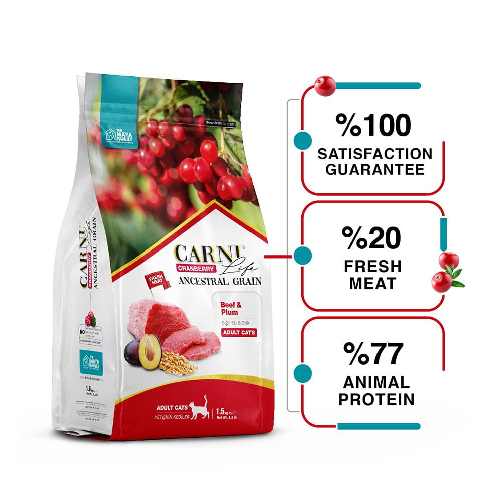 maya family carni life cranberry 1 5kg xira trofi gia enilikes gates me moschari kai damaskino pcl015005 1 Maya Family Carni Life Cranberry 1.5kg ξηρά τροφή για ενήλικες γάτες με μοσχάρι και δαμάσκηνο - Image 2