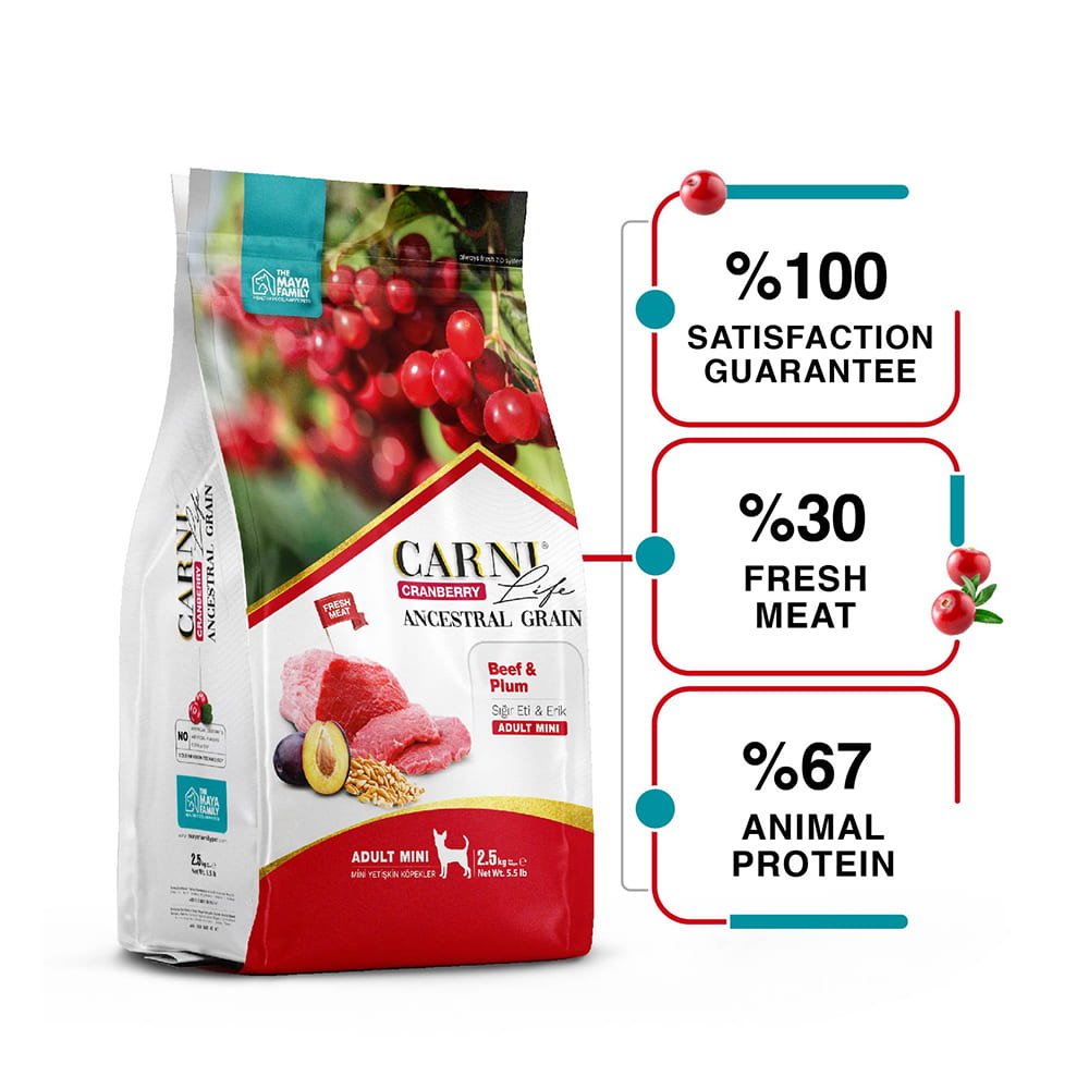 maya family carni life cranberry 2 5kg xira trofi gia enilikous mikrosomous skilous me moschari kai damaskino pcl025007 1 Maya Family Carni Life Cranberry 2.5kg ξηρά τροφή για ενήλικους μικρόσωμους σκύλους με μοσχάρι και δαμάσκηνο - Image 2