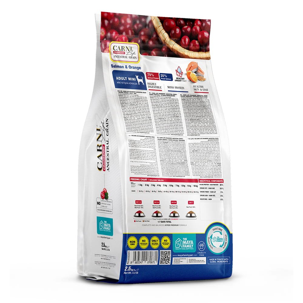 maya family carni life cranberry 2 5kg xira trofi gia enilikous mikrosomous skilous me solomo kai portokali pcl025005 1 Maya Family Carni Life Cranberry 2.5kg ξηρά τροφή για ενήλικους μικρόσωμος σκύλους με σολωμό και πορτοκάλι - Image 2