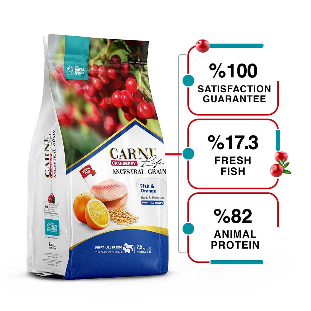 maya family carni life cranberry 2 5kg xira trofi gia koutabia me psari kai portokali pcl025015 1 Maya Family Carni Life Cranberry 2.5kg ξηρά τροφή για κουτάβια με ψάρι και πορτοκάλι - Image 3