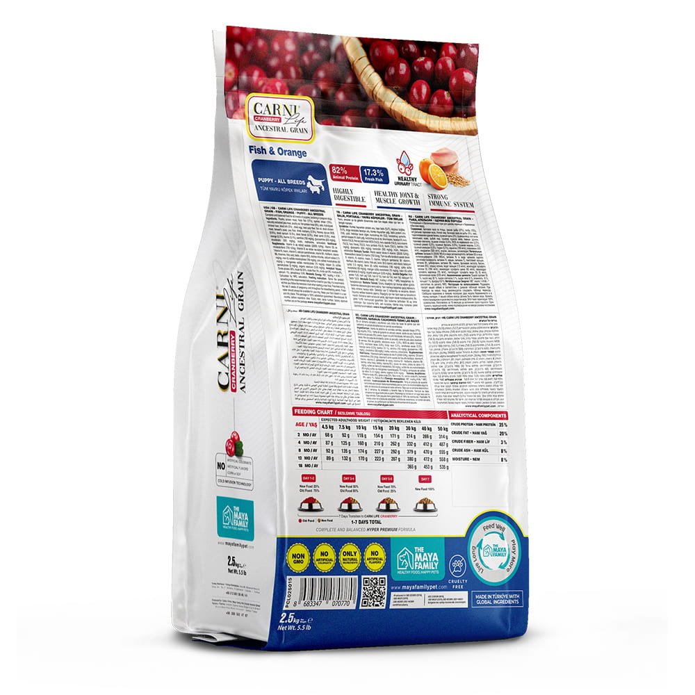 maya family carni life cranberry 2 5kg xira trofi gia koutabia me psari kai portokali pcl025015 2 Maya Family Carni Life Cranberry 2.5kg ξηρά τροφή για κουτάβια με ψάρι και πορτοκάλι - Image 2